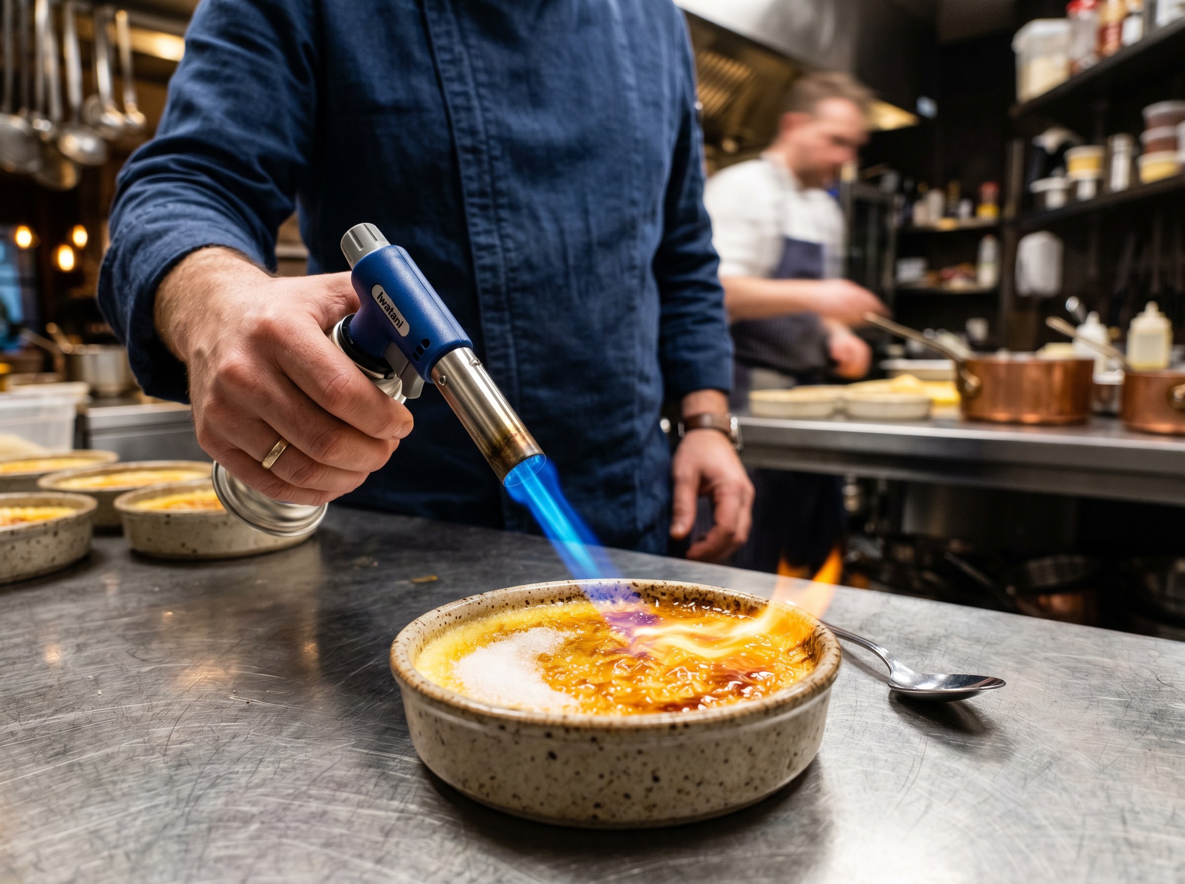 Soplete profesional caramelizando el azúcar en movimiento circular