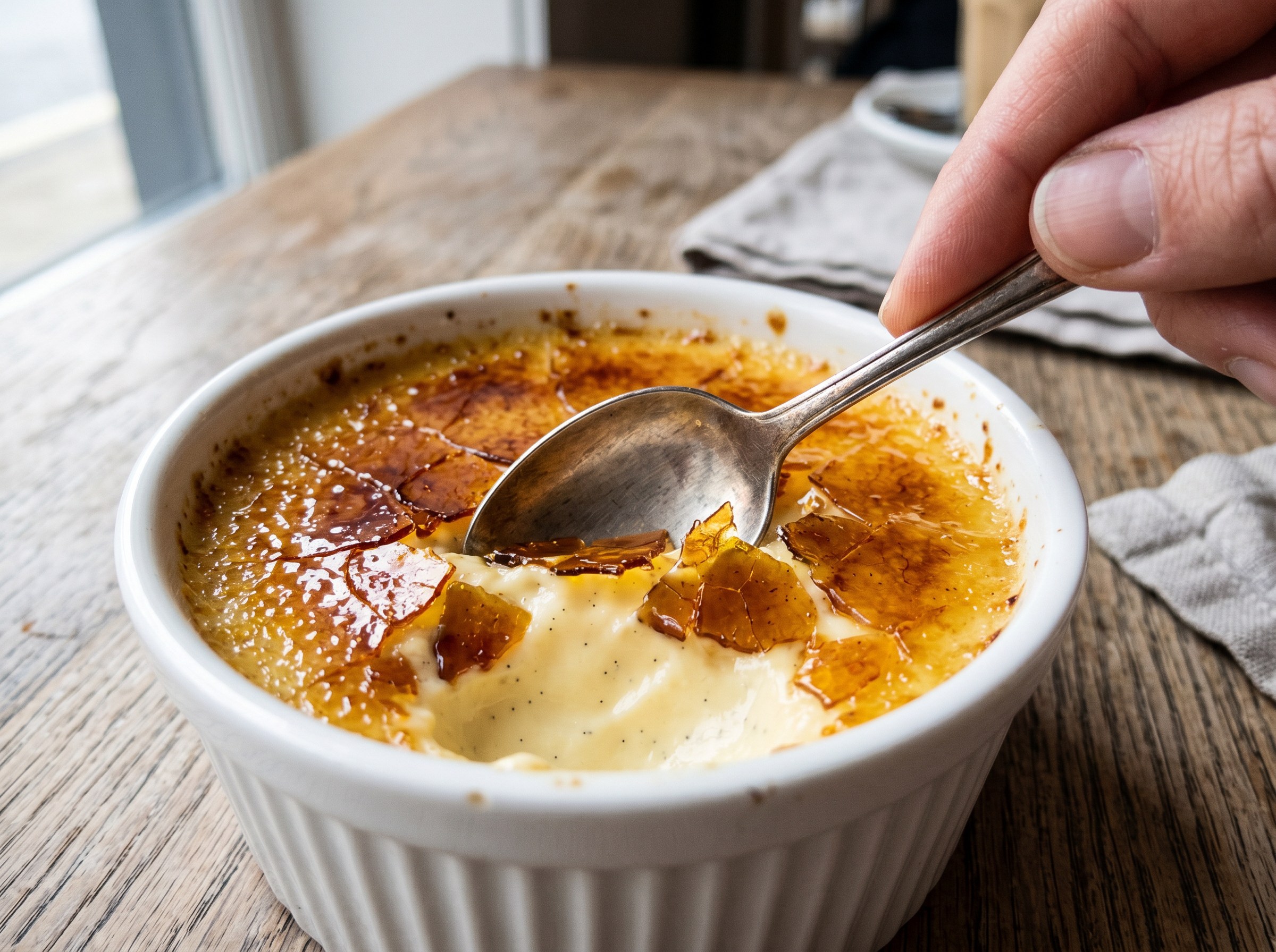 Cuchara rompiendo la costra de caramelo revelando la crema fría