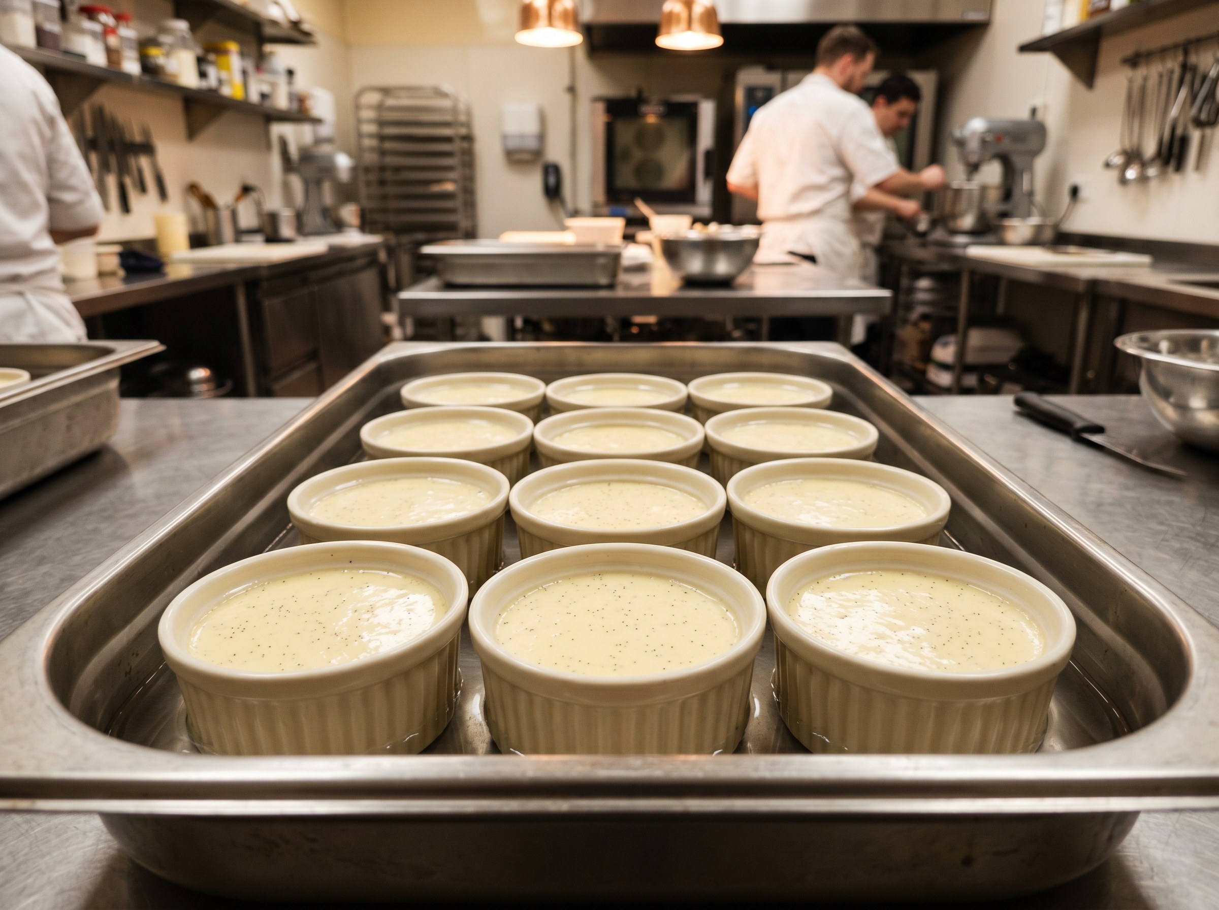 Diez ramekins de crème brûlée preparados para el baño maría, semillas de vainilla visibles