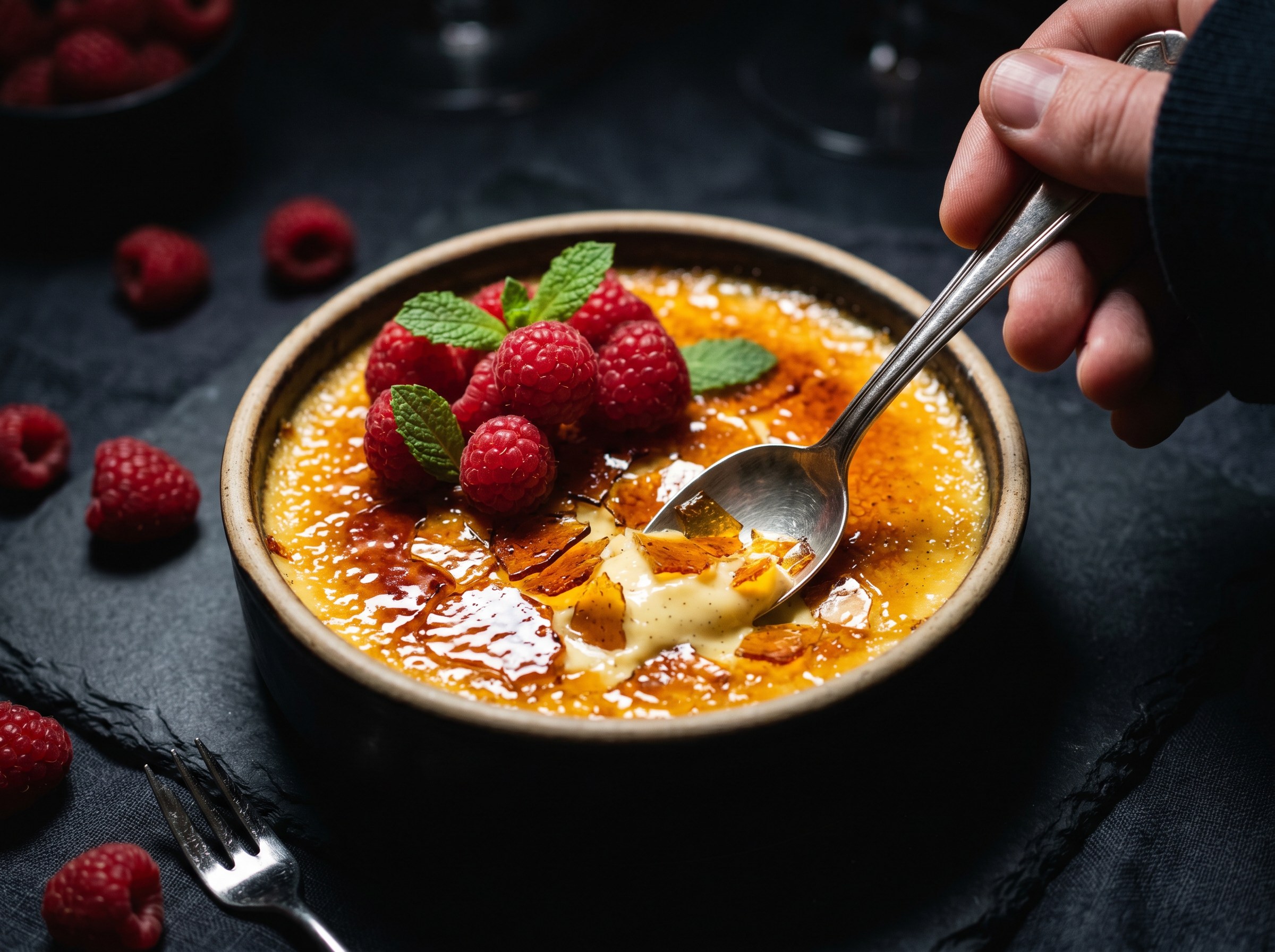 Hero final: crème brûlée con costra dorada rota y frambuesas