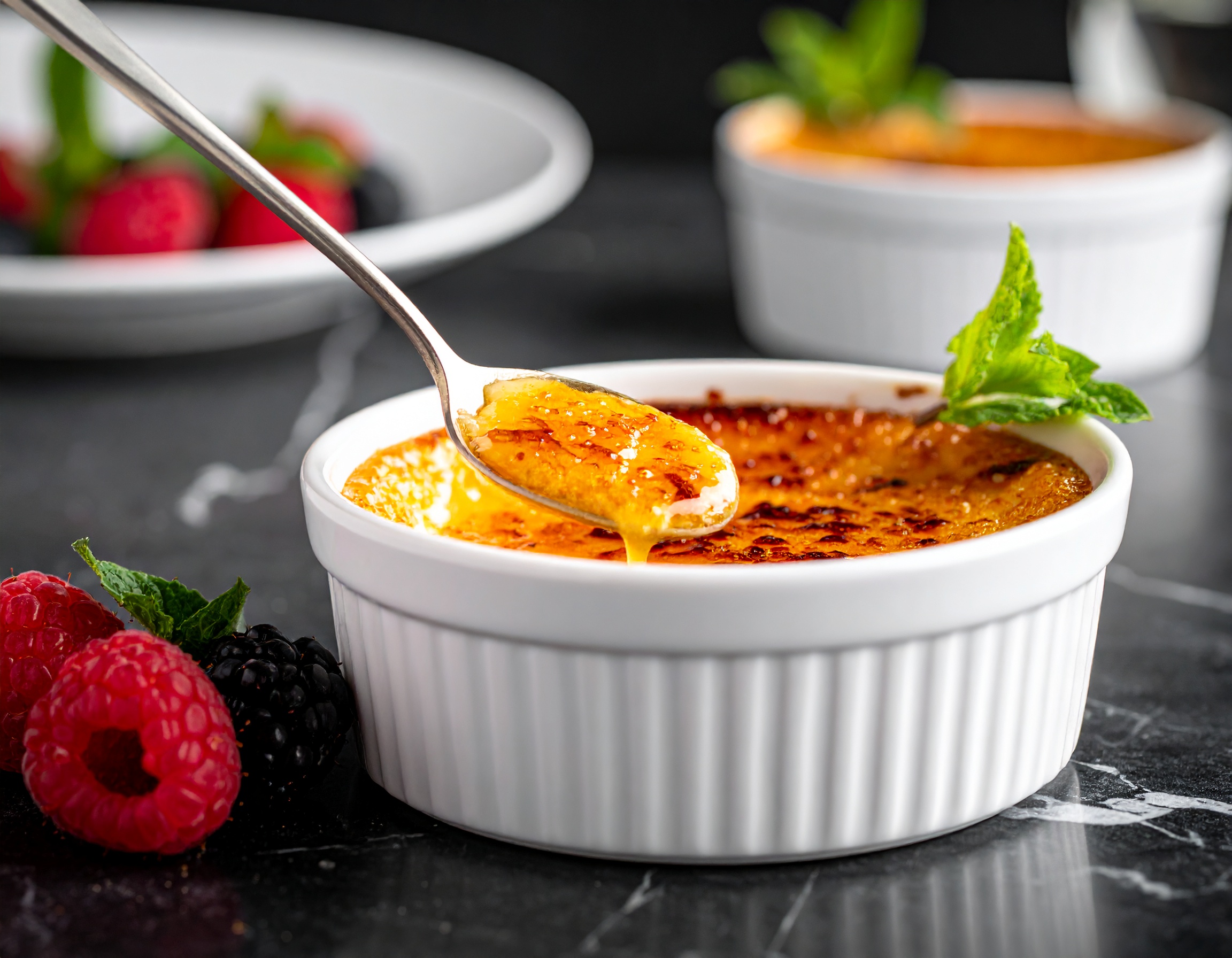 Crème brûlée terminada con frutos rojos