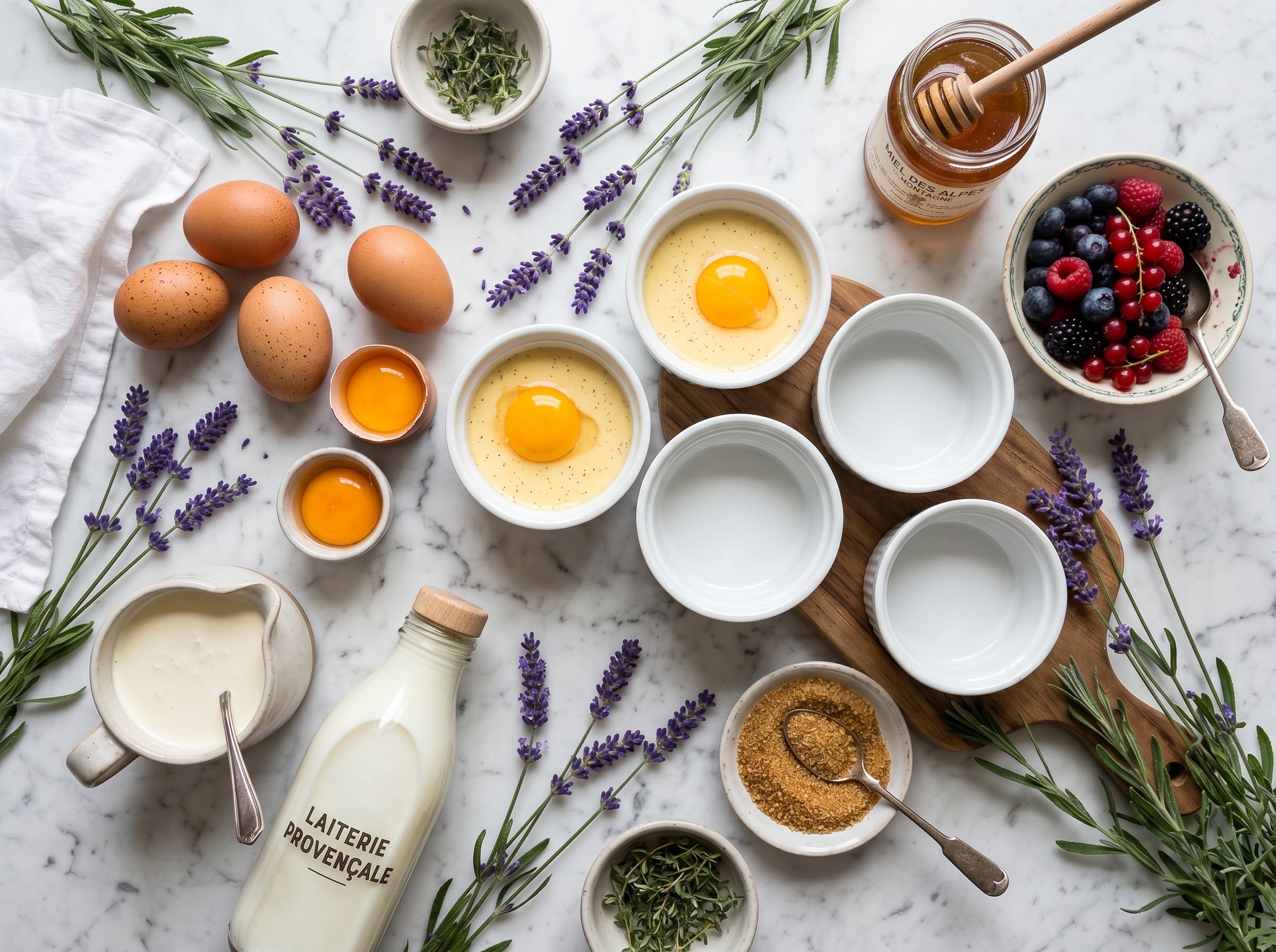 Mise en place provenzal: lavanda fresca, huevos, yemas en cuencos, botella Laiterie Provençale, frutos del bosque, miel y moldes de porcelana sobre mármol