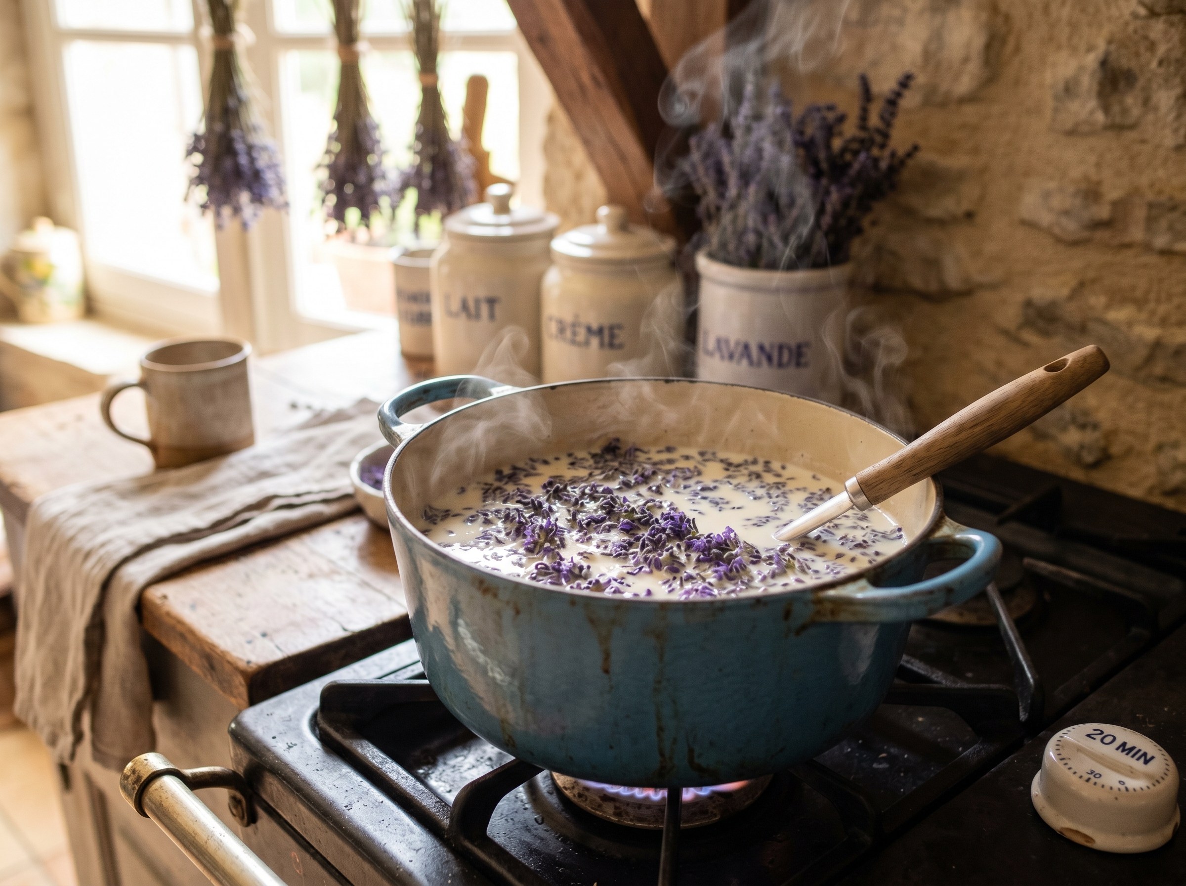Lavanda flotando en leche y nata humeante en cazuela azul provenzal, timer marcando 20 minutos, cocina de piedra al fondo