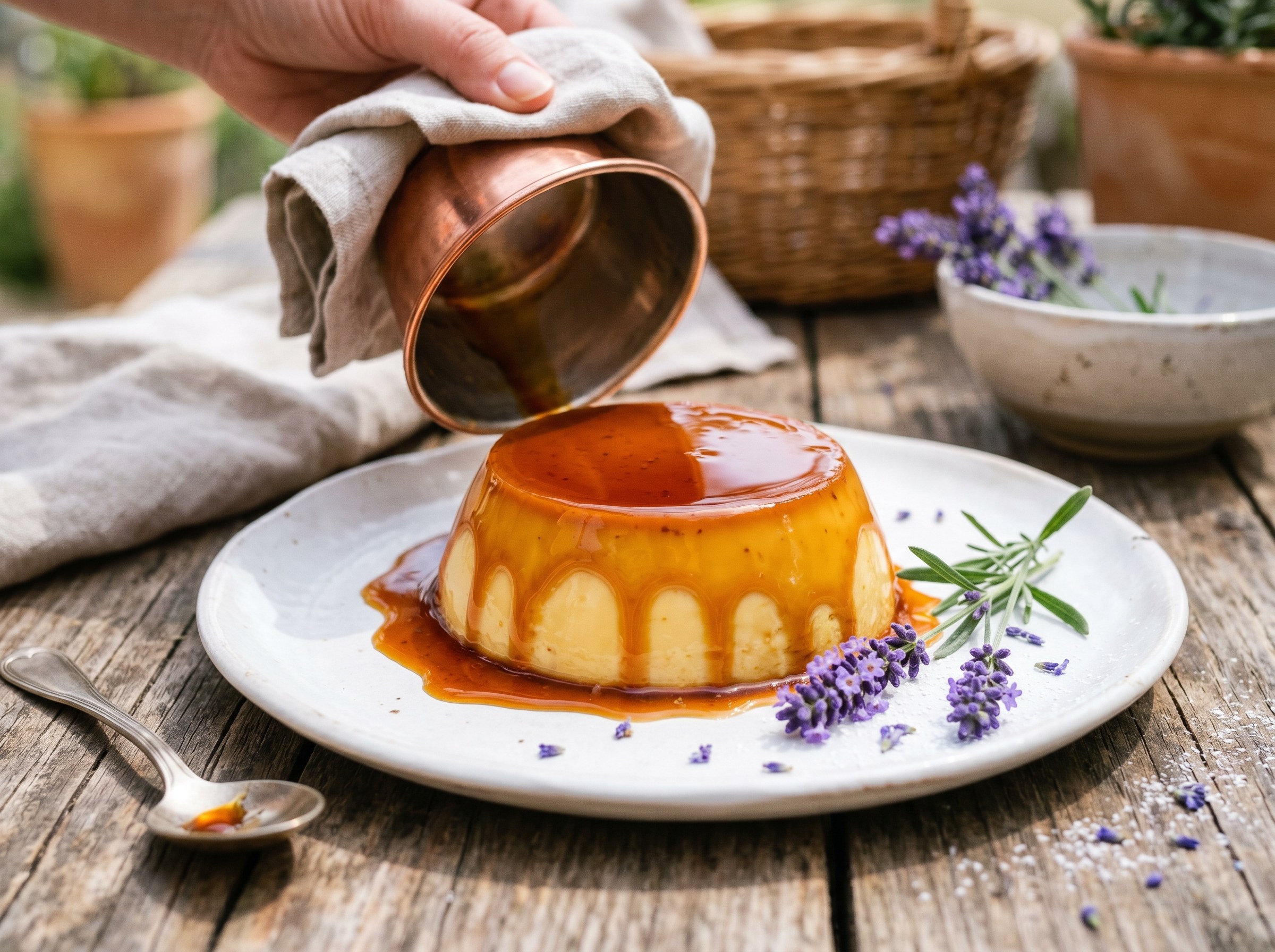 Mano volcando molde de cobre sobre crème caramel desmoldada perfecta, caramelo fluyendo, lavanda fresca al lado sobre mesa de madera exterior