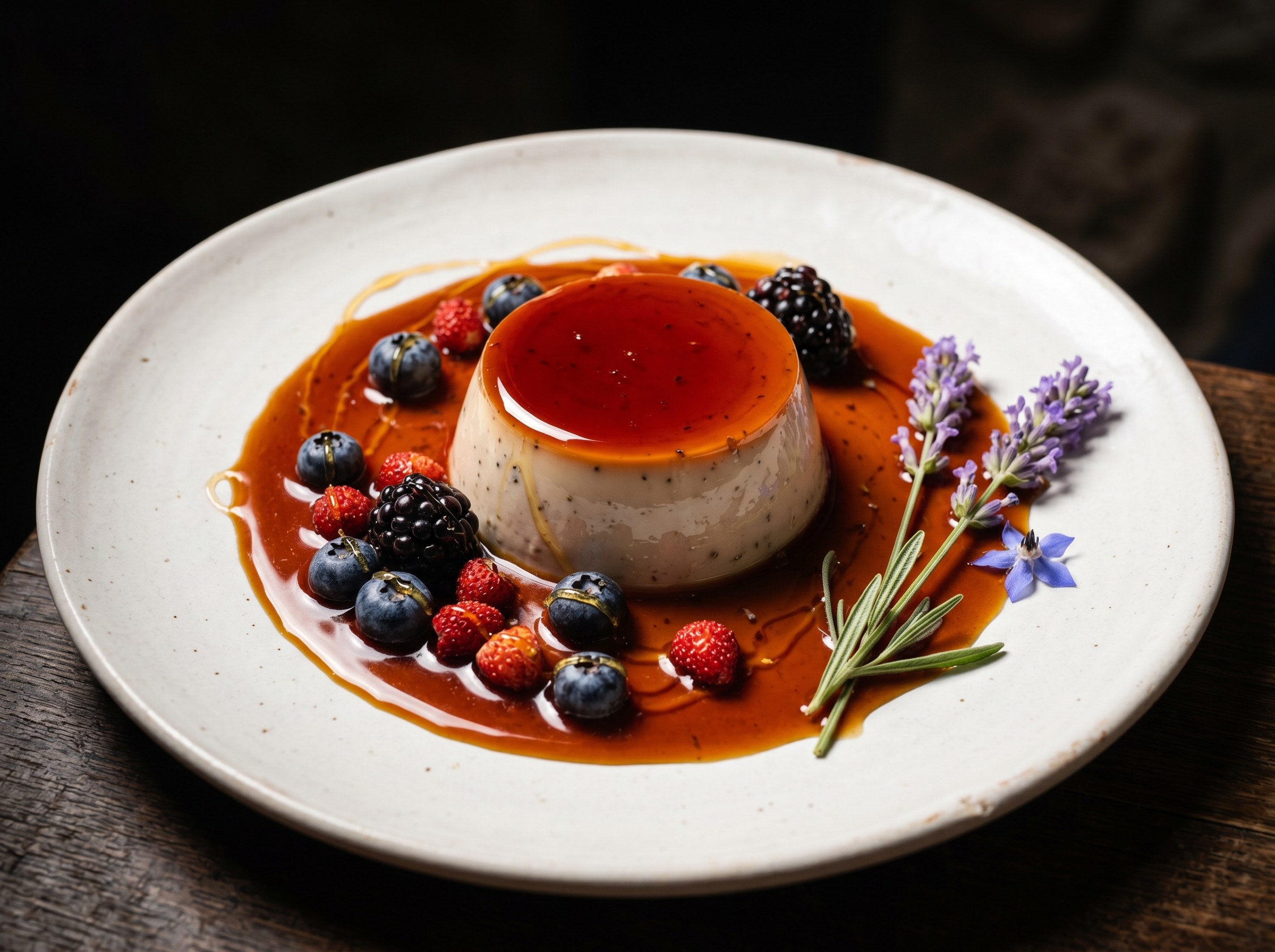 Crème caramel de lavanda con caramelo ámbar, frutos del bosque mixtos y ramita de lavanda en plato blanco rústico sobre mesa oscura
