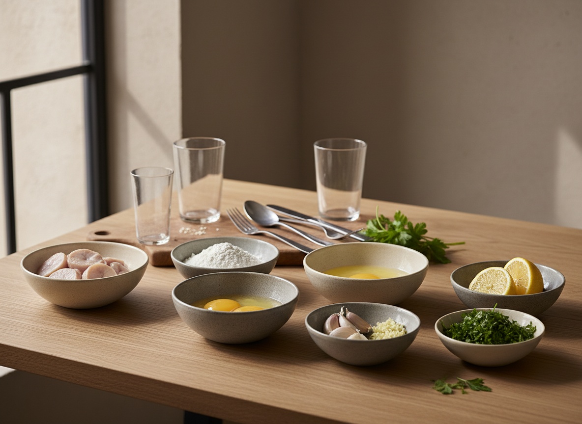 Ingredientes de las criadillas rebozadas vistos de lado sobre mesa de roble: criadillas en medallones, harina, huevos, ajo, perejil y limón, con luz desde la izquierda.