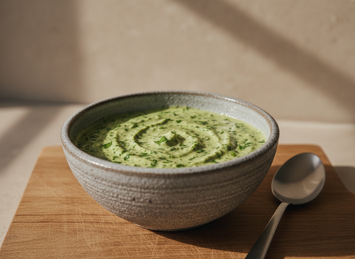 Alioli de perejil terminado, cremoso y verde, en un cuenco de cerámica.