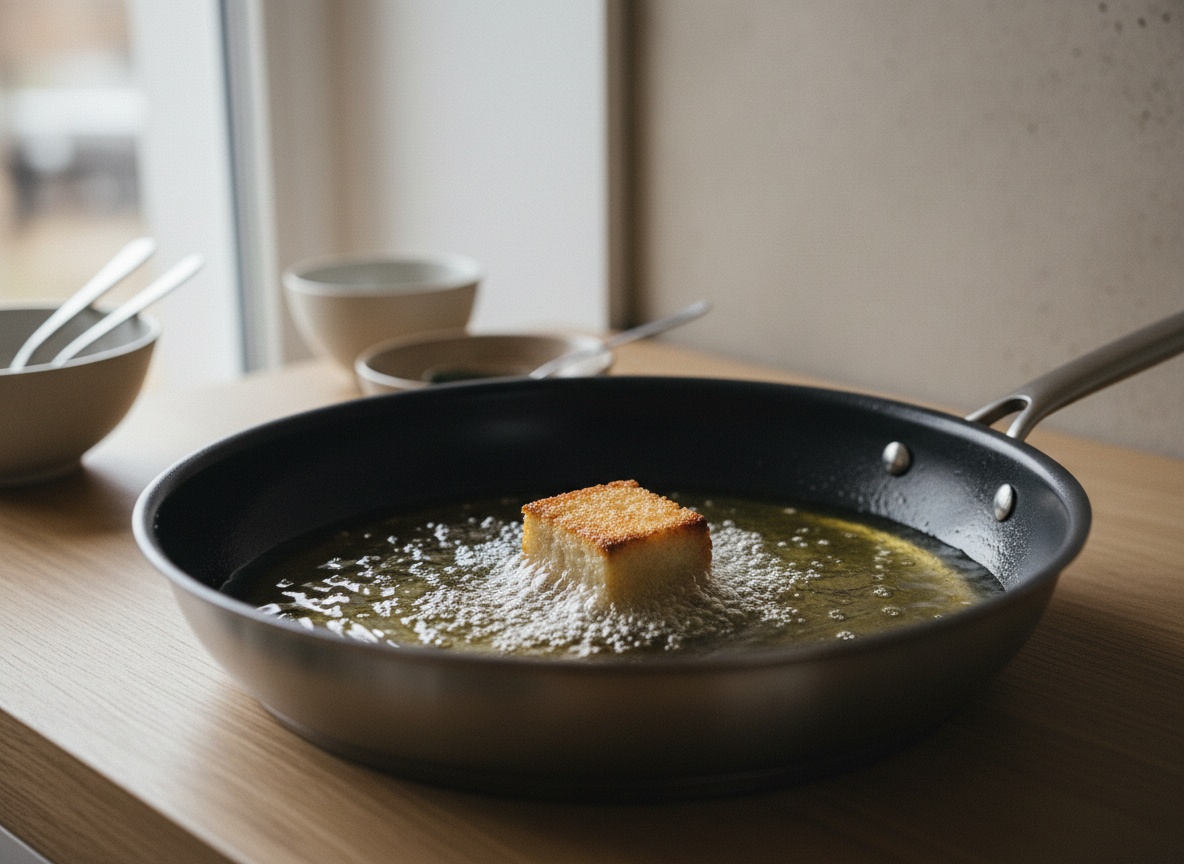 Aceite caliente a punto de fritura con un dado de pan dorándose rodeado de burbujas.