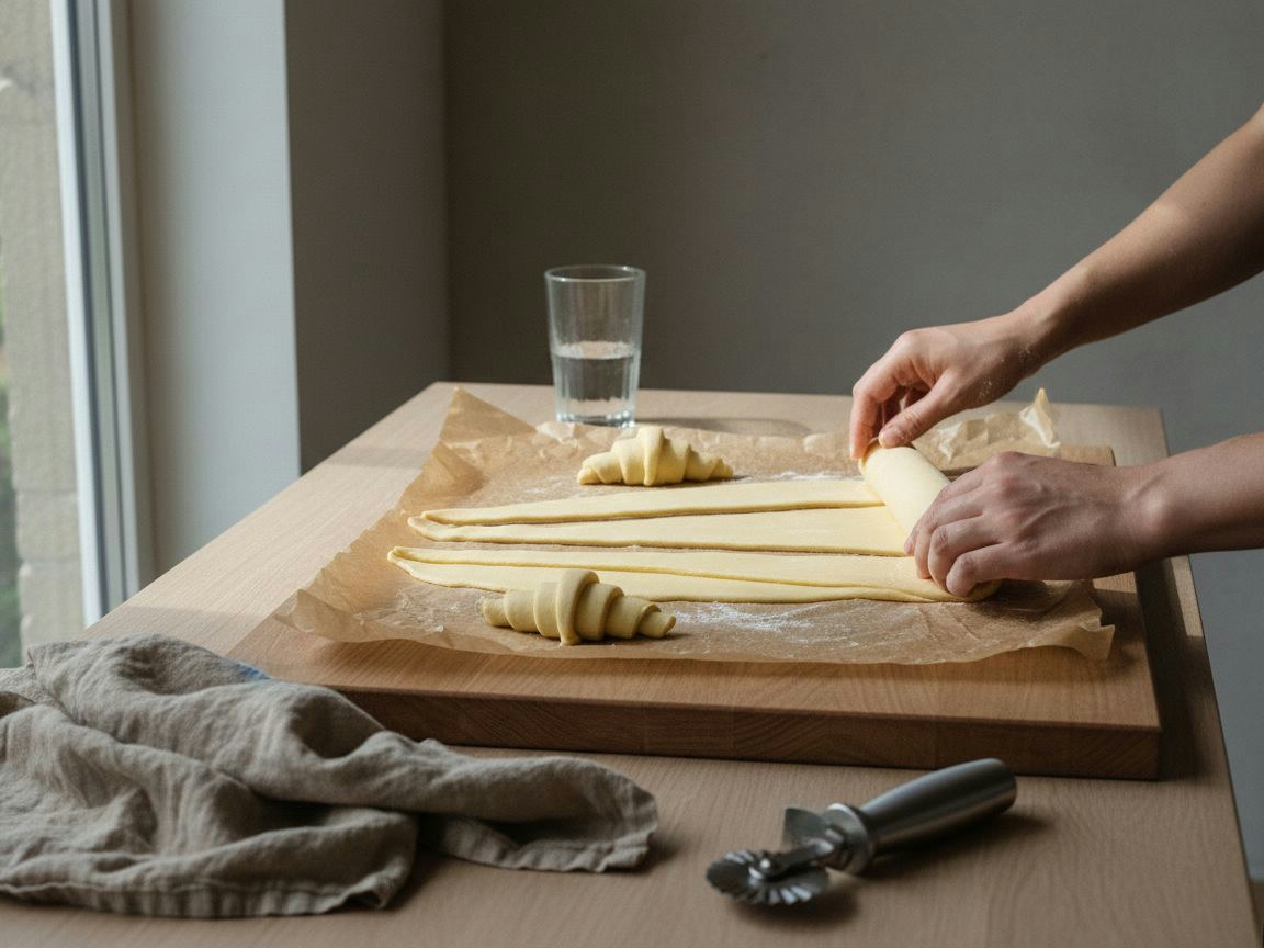 Triángulos de masa enrollándose en croissants