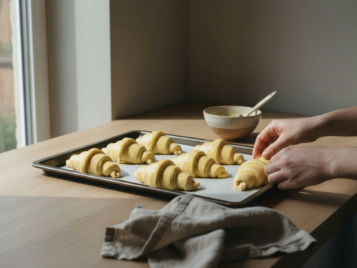 Croissants fermentados y pintados con huevo antes de hornear