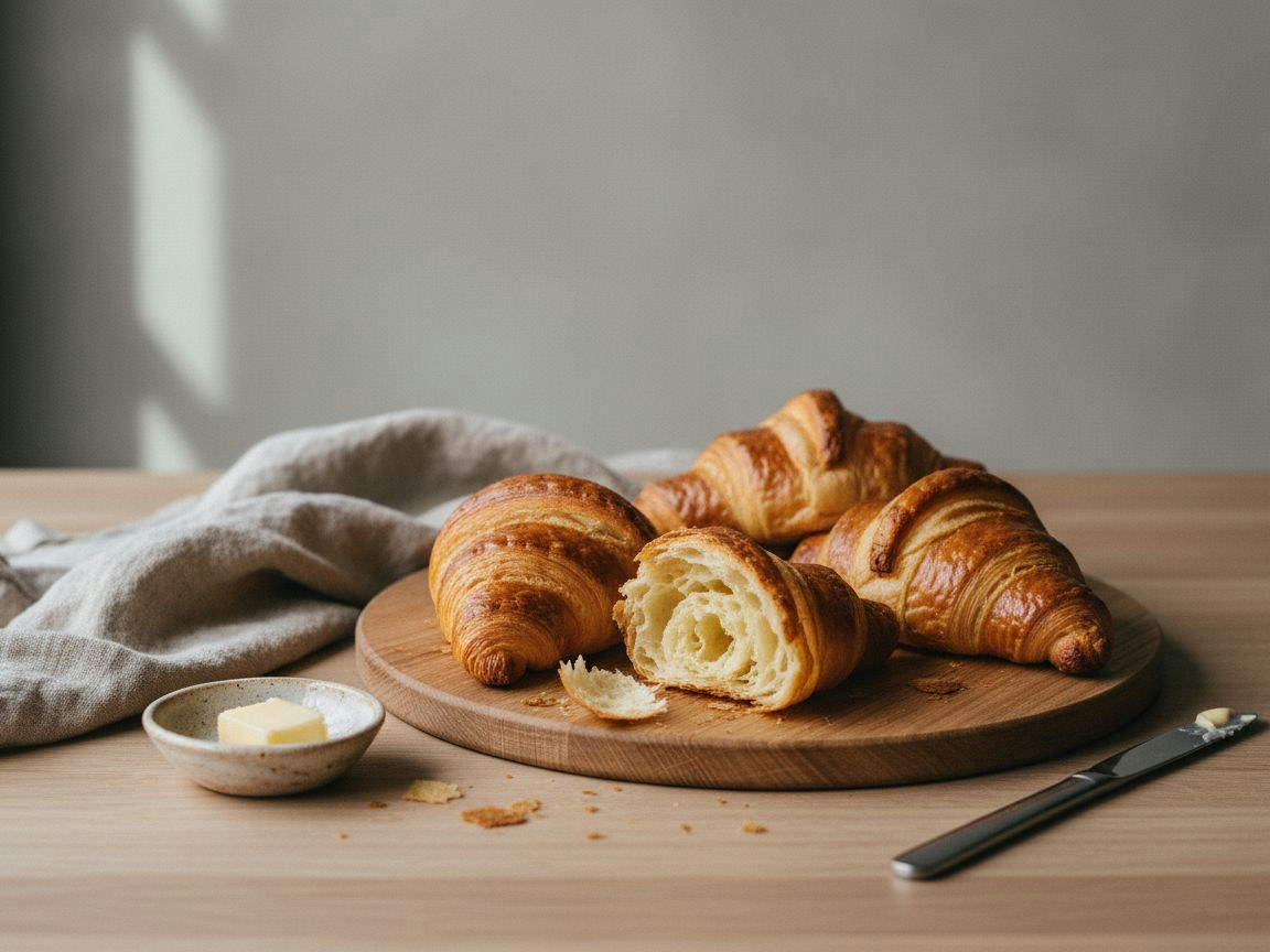 Croissants de mantequilla dorados y hojaldrados con la laminación visible en las capas y un interior alveolado, sobre tabla de roble claro
