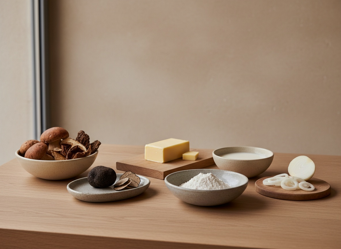 Ingredientes de la croqueta de boletus y trufa vistos de lado: boletus frescos y secos, trufa negra, mantequilla, harina, leche y cebolla sobre tabla de roble