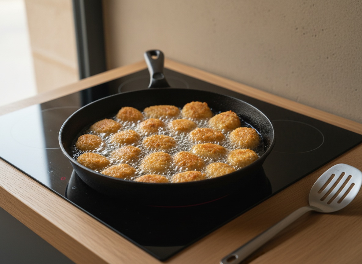 Croquetas friéndose y dorándose en aceite a 180 grados