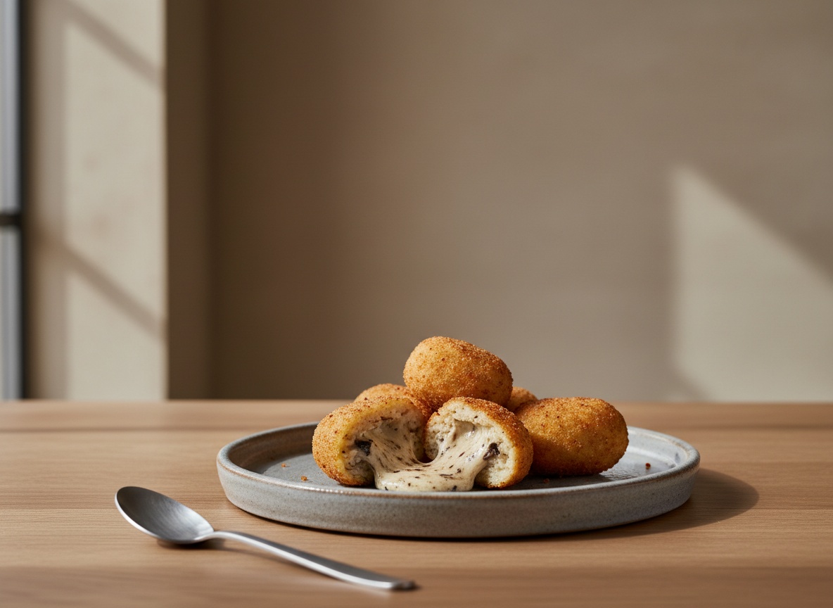 Croquetas de boletus y trufa doradas, una partida mostrando el interior cremoso y oscuro, con trufa rallada por encima, sobre encimera de roble con luz natural.