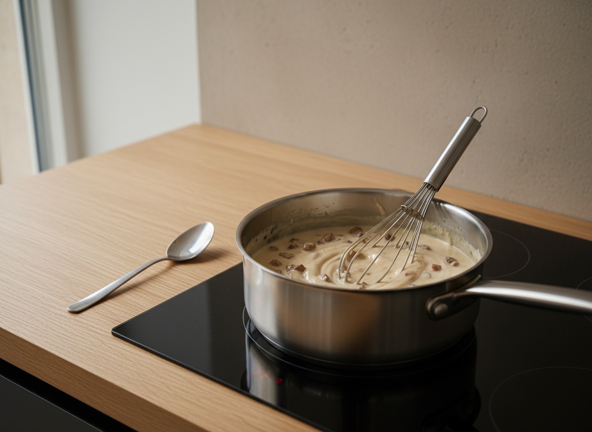 Bechamel espesa con boletus removiéndose con varillas en el cazo.