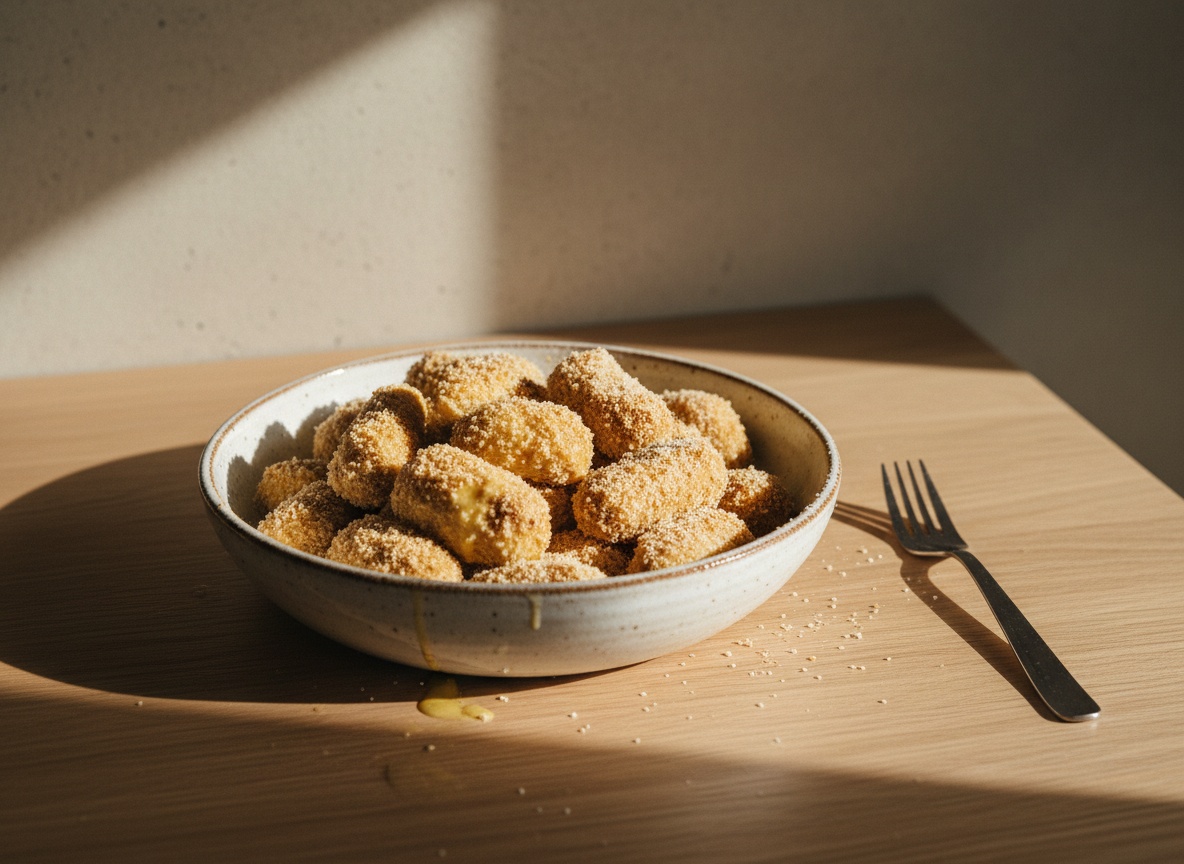 Croquetas boleadas pasándose por huevo y pan rallado.