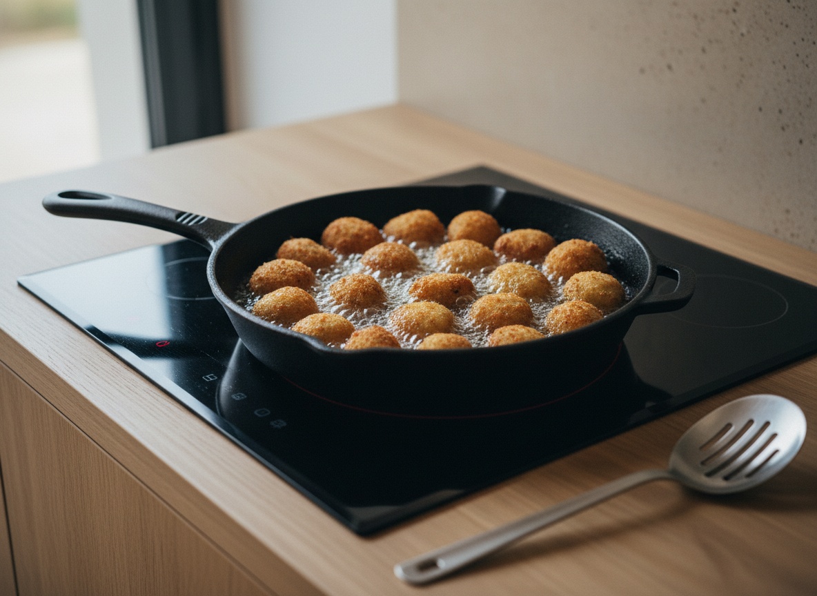 Croquetas de boletus friéndose doradas en aceite caliente.