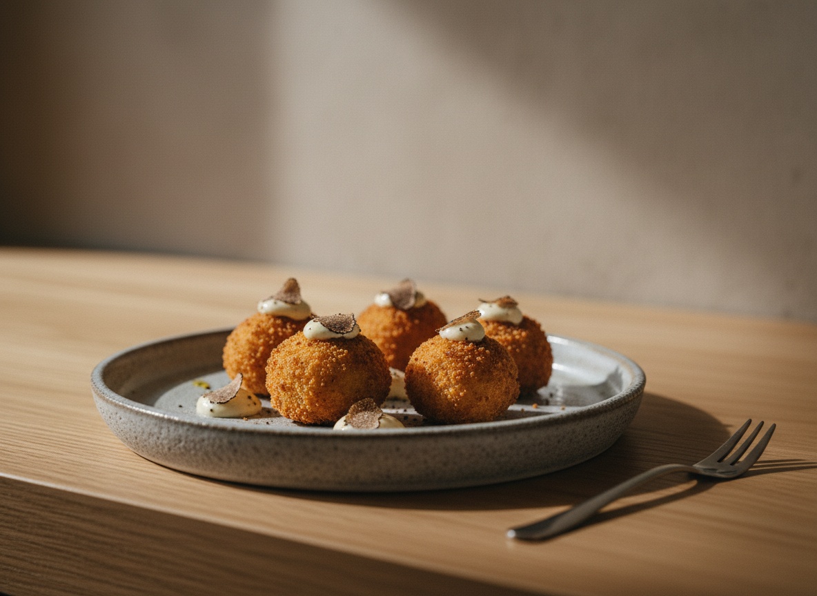 Croquetas de boletus doradas y crujientes con un cuenco de alioli de trufa, en plato de cerámica artesanal sobre tabla de roble con luz natural desde la izquierda.
