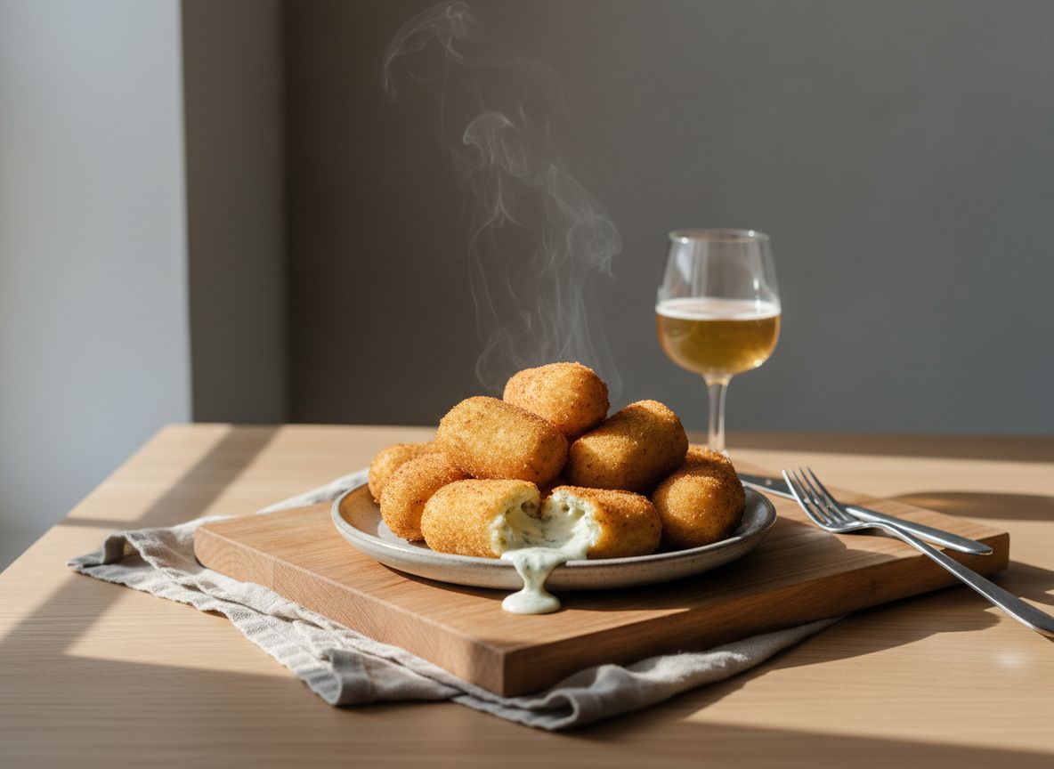 Croquetas de Cabrales doradas sobre rejilla, una abierta mostrando el corazón cremoso fundente veteado de azul, con un vasito de sidra, en cerámica gris piedra