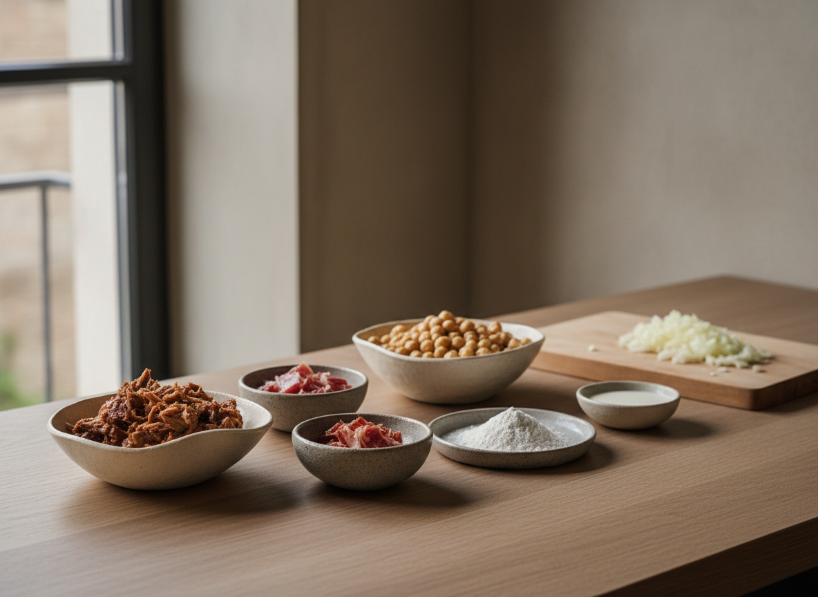Ingredientes de la croqueta de cocido vistos de lado: carne del cocido desmigada, jamón, garbanzos cocidos, leche, harina y cebolla sobre tabla de roble