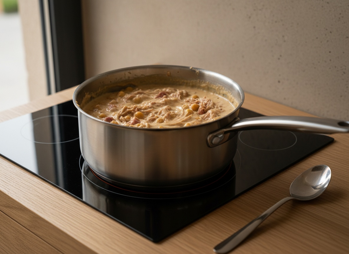 Cociendo la bechamel con carne del cocido y puré de garbanzo hasta que se despega del cazo