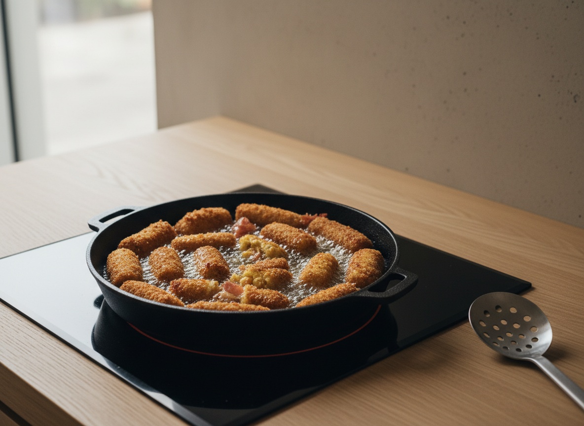 Croquetas de cocido friéndose y dorándose en aceite a 180 grados