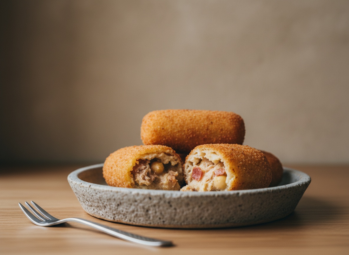 Croquetas de cocido doradas y ovaladas, una partida mostrando el interior cremoso con hebras de carne y jamón, sobre encimera de roble con luz natural.