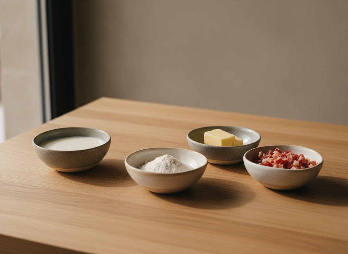Ingredientes de la croqueta de jamón ibérico —leche, harina, mantequilla y jamón picado en cuencos— vistos de lado sobre tabla de roble mate con luz natural.