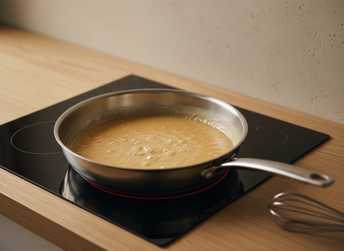 Roux rubio de harina y mantequilla cociéndose en la sartén hasta alcanzar el tono galleta.