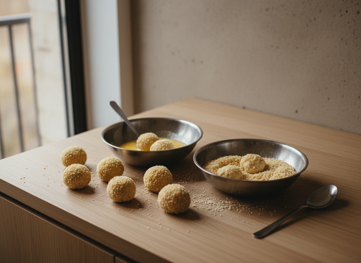 Croquetas boleadas pasando por huevo batido y panko en el doble rebozado sobre la mesa de roble.