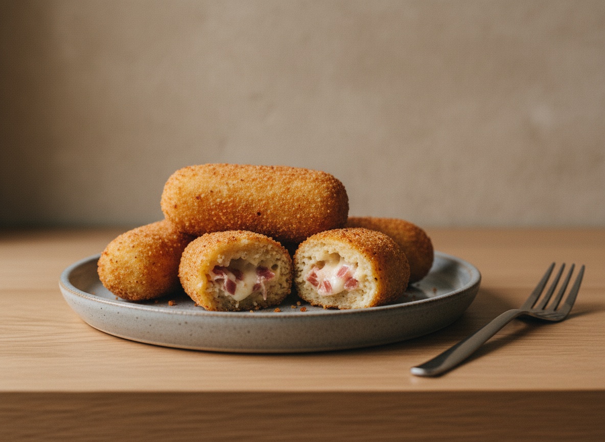 Croquetas de jamón ibérico doradas y crujientes, una partida mostrando el interior cremoso y fundente, sobre cerámica gris piedra en una superficie de roble mate con luz natural.