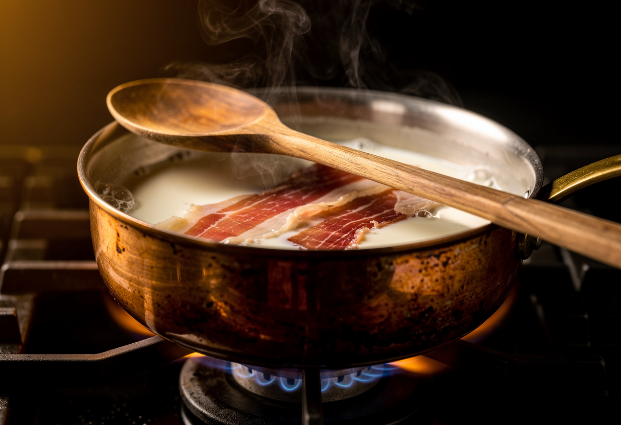 Bechamel de jamón ibérico infusionando en sartén de cobre