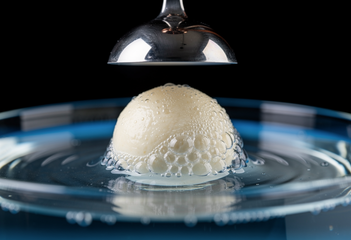 Esfera de bechamel formándose en baño de alginato sódico
