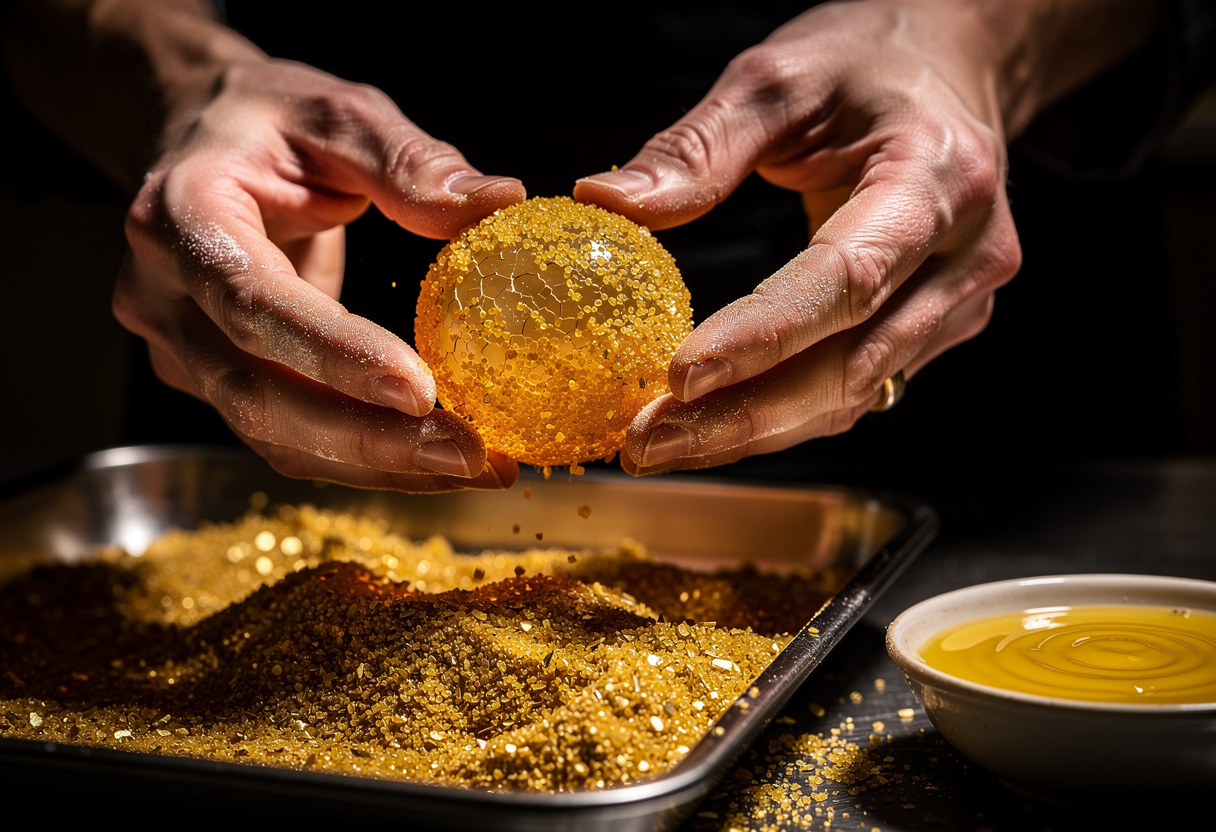 Empanando la esfera en panko con máximo cuidado