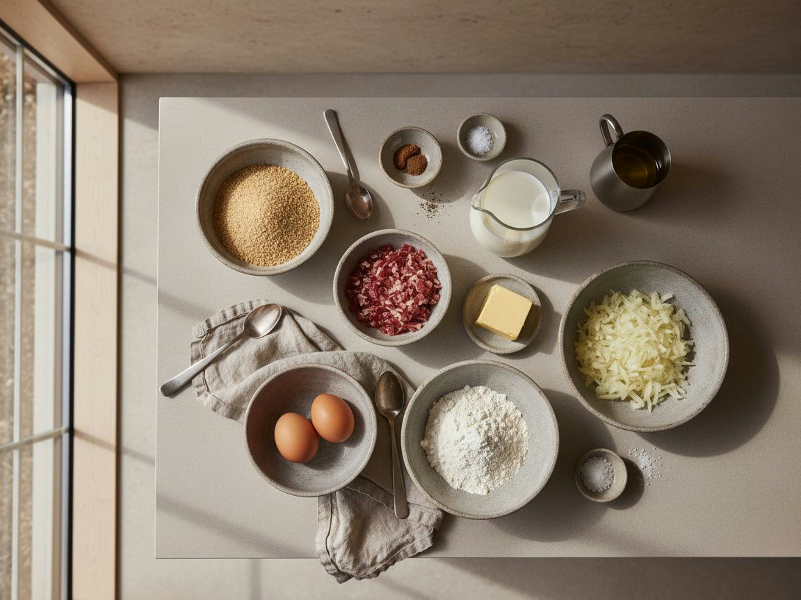 Bodegón de ingredientes: jamón ibérico en taquitos, leche, mantequilla, harina y cebolla