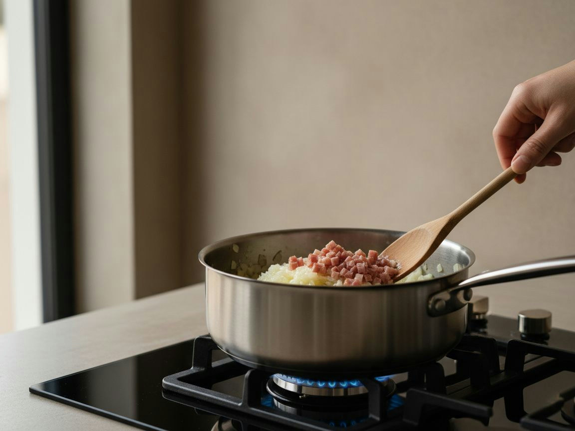 Cebolla pochando en mantequilla y aceite con los taquitos de jamón