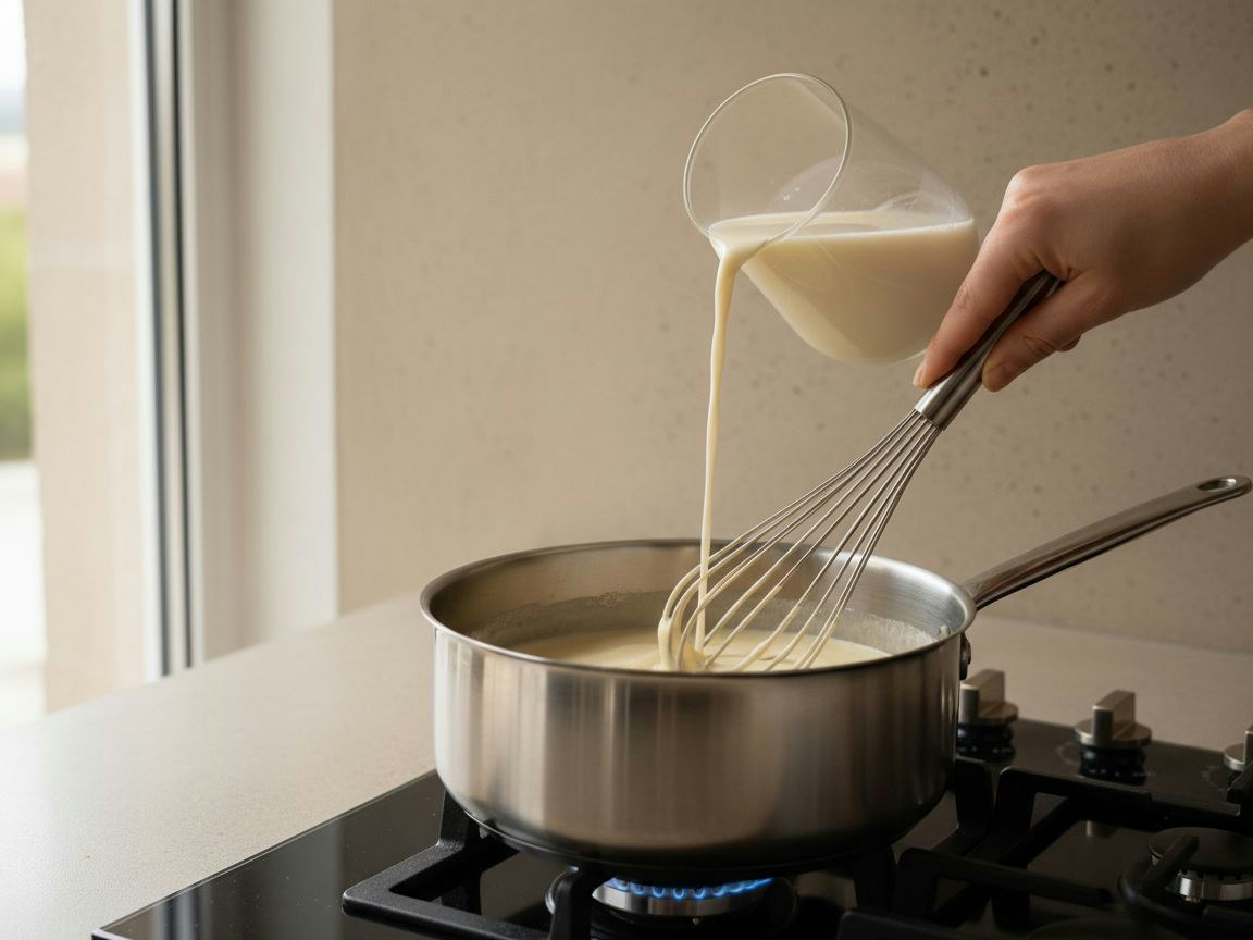 Bechamel de croqueta trabajándose con varilla en la cazuela