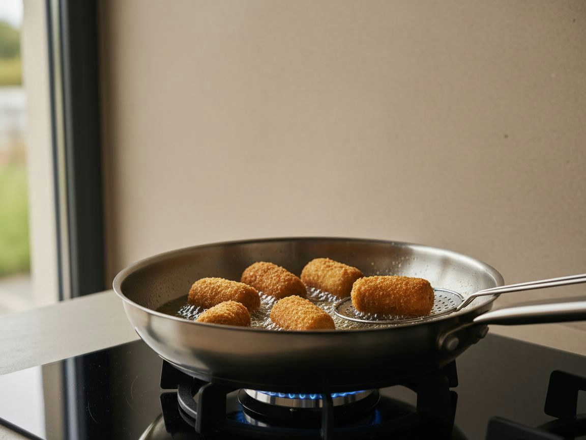Croquetas friéndose doradas en aceite a 180 grados