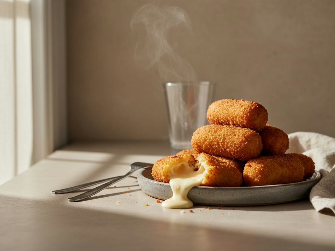 Croquetas de jamón ibérico doradas y crujientes apiladas en plato oscuro, una abierta mostrando el interior cremoso