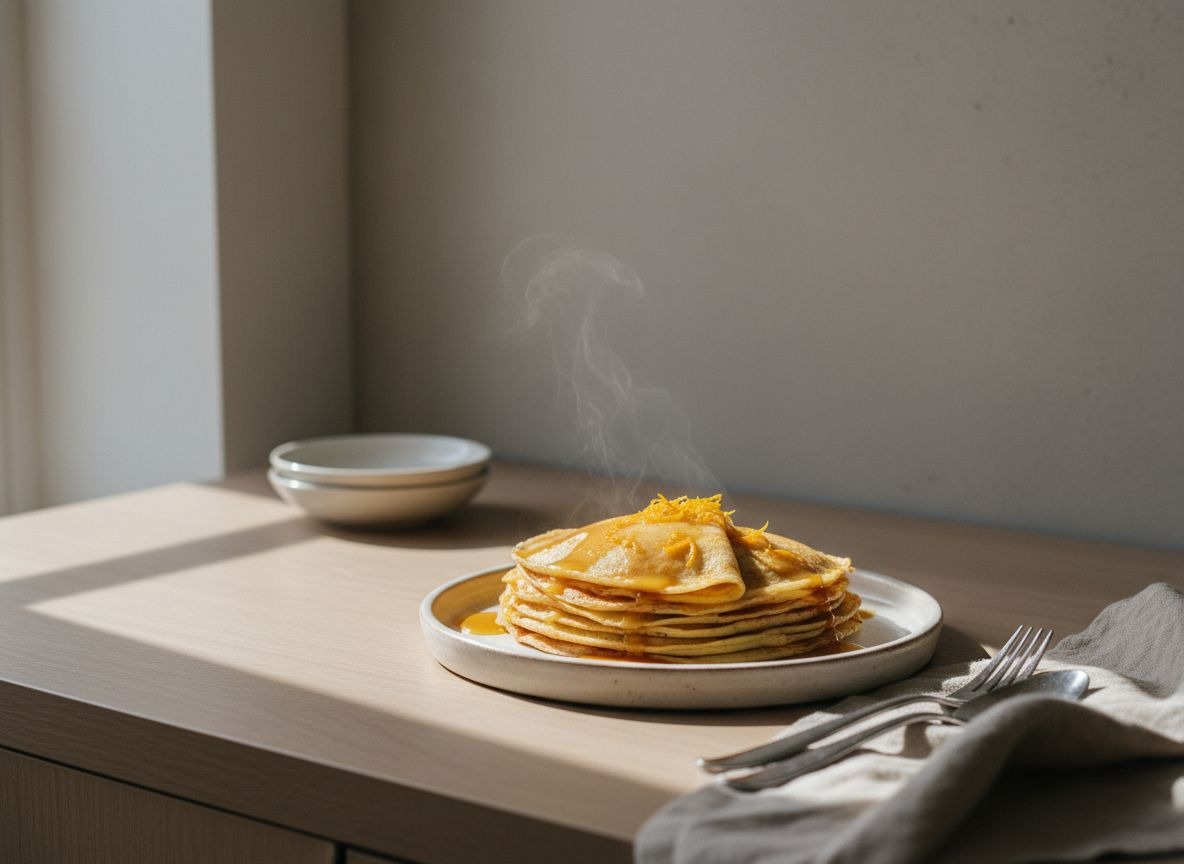 Crêpes Suzette plegadas en abanico sobre plato blanco hueso, napadas con salsa brillante de naranja y ralladura, con un ligero vapor, luz natural suave desde la izquierda.