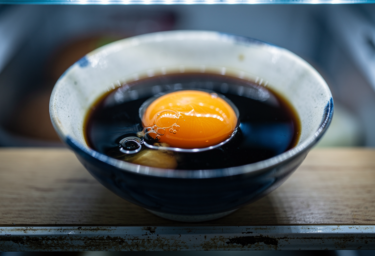 Yema de huevo curándose en soja y mirin en cuenco japonés dentro de la nevera