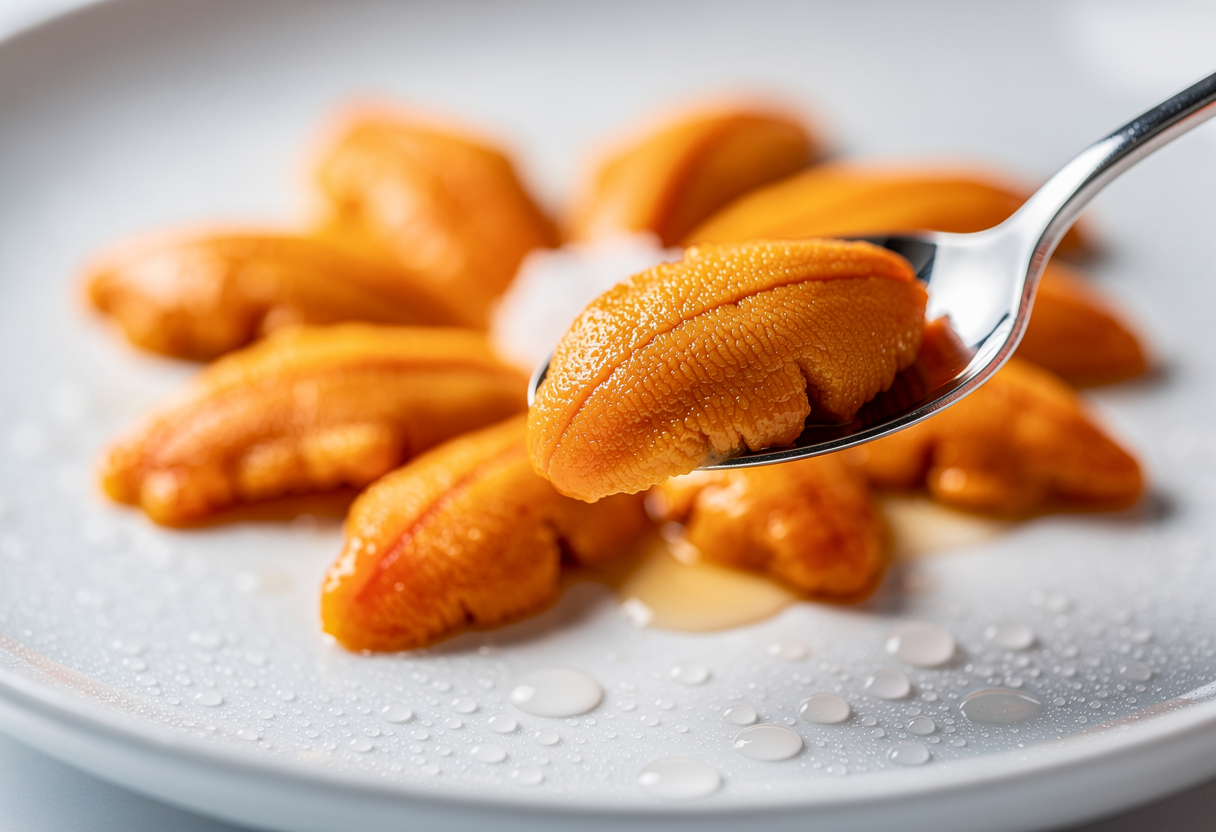 Selección de gónadas perfectas de erizo naranja intenso sobre plato blanco frío