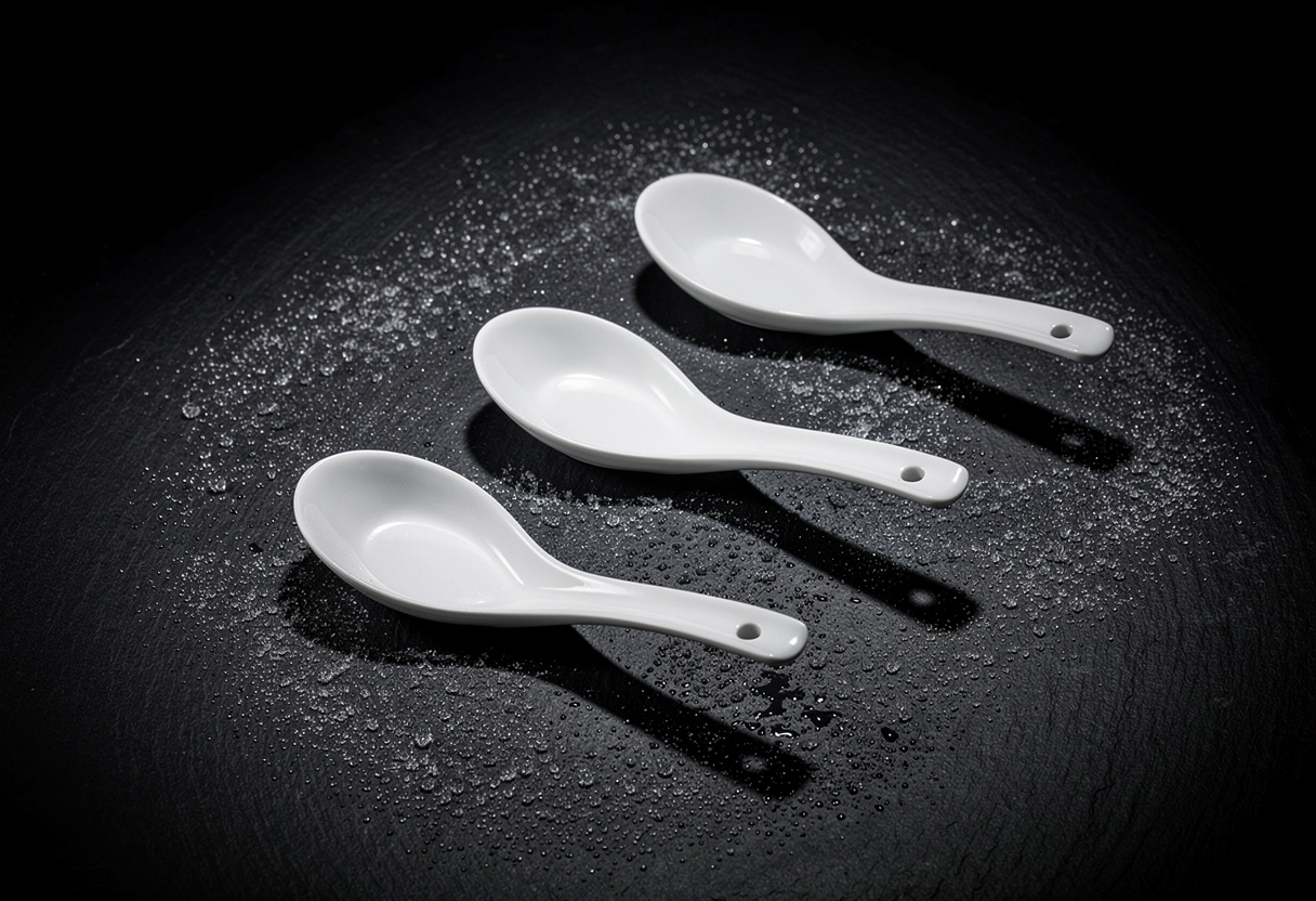 Cucharillas de porcelana blanca frías sobre pizarra negra con gotas de condensación