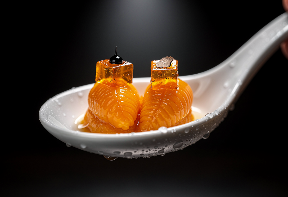 Montaje del pincho: erizo con cubos de yema curada ámbar y gota de aceite de trufa negra