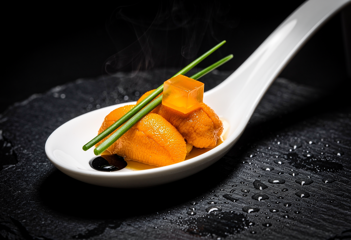 Cucharita de erizo de mar con yema curada en soja y aceite de trufa