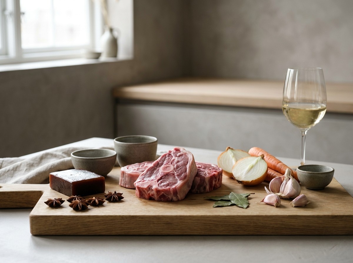 Ingredientes: cuello de cordero en rodajas, membrillo, anís estrellado, sofrito y vino