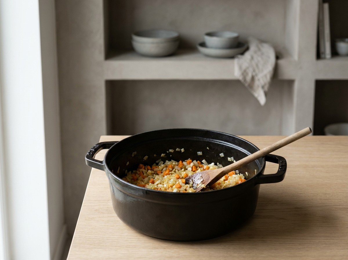 Sofrito de cebolla y zanahoria pochándose