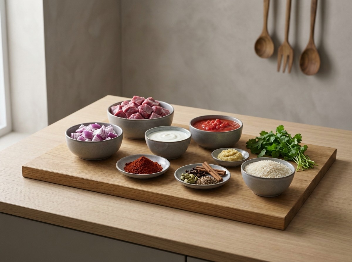 Ingredientes: cordero, cebolla, yogur, tomate, jengibre, ajo, especias y basmati