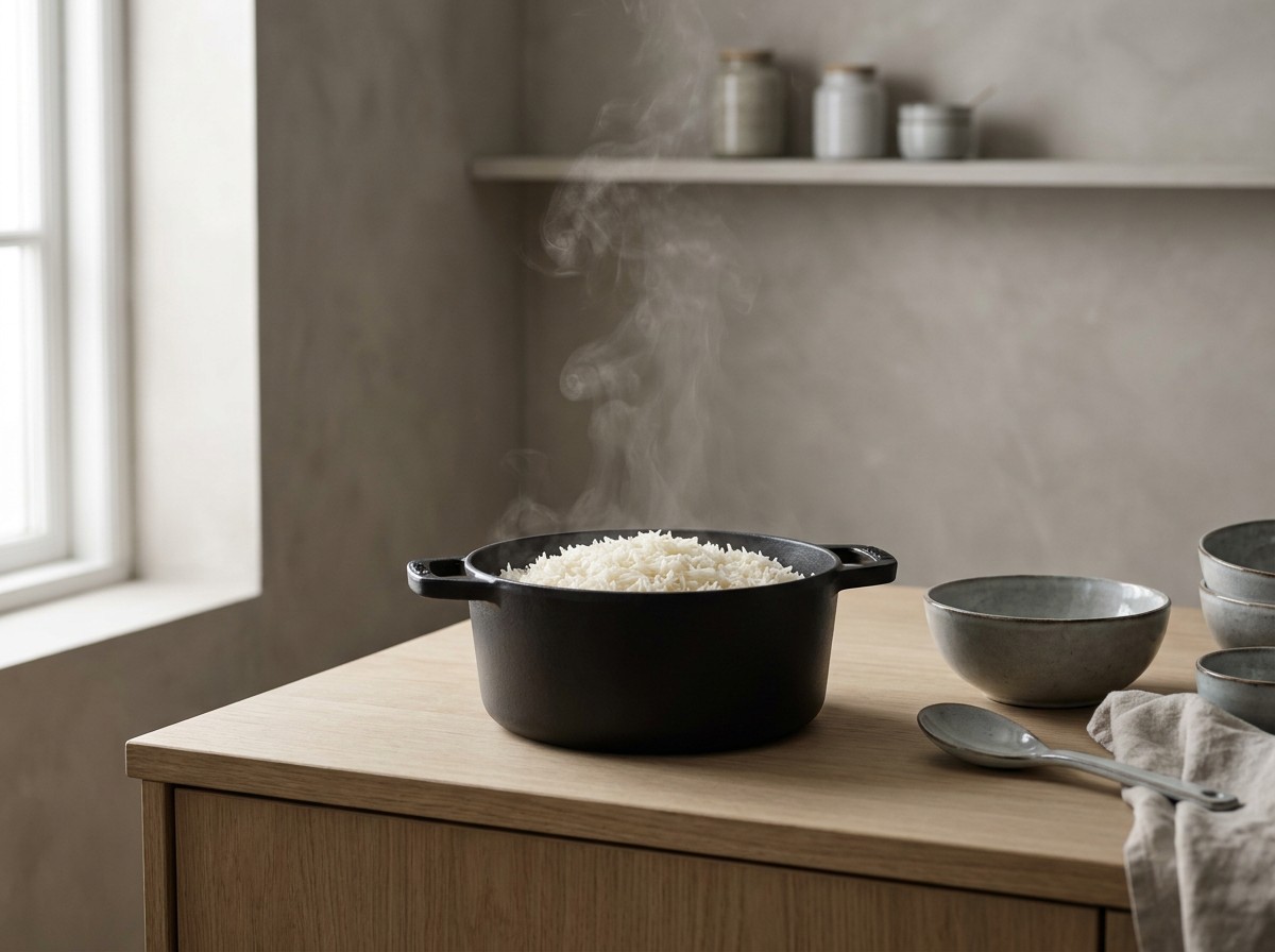 Arroz basmati suelto y esponjado en el cazo