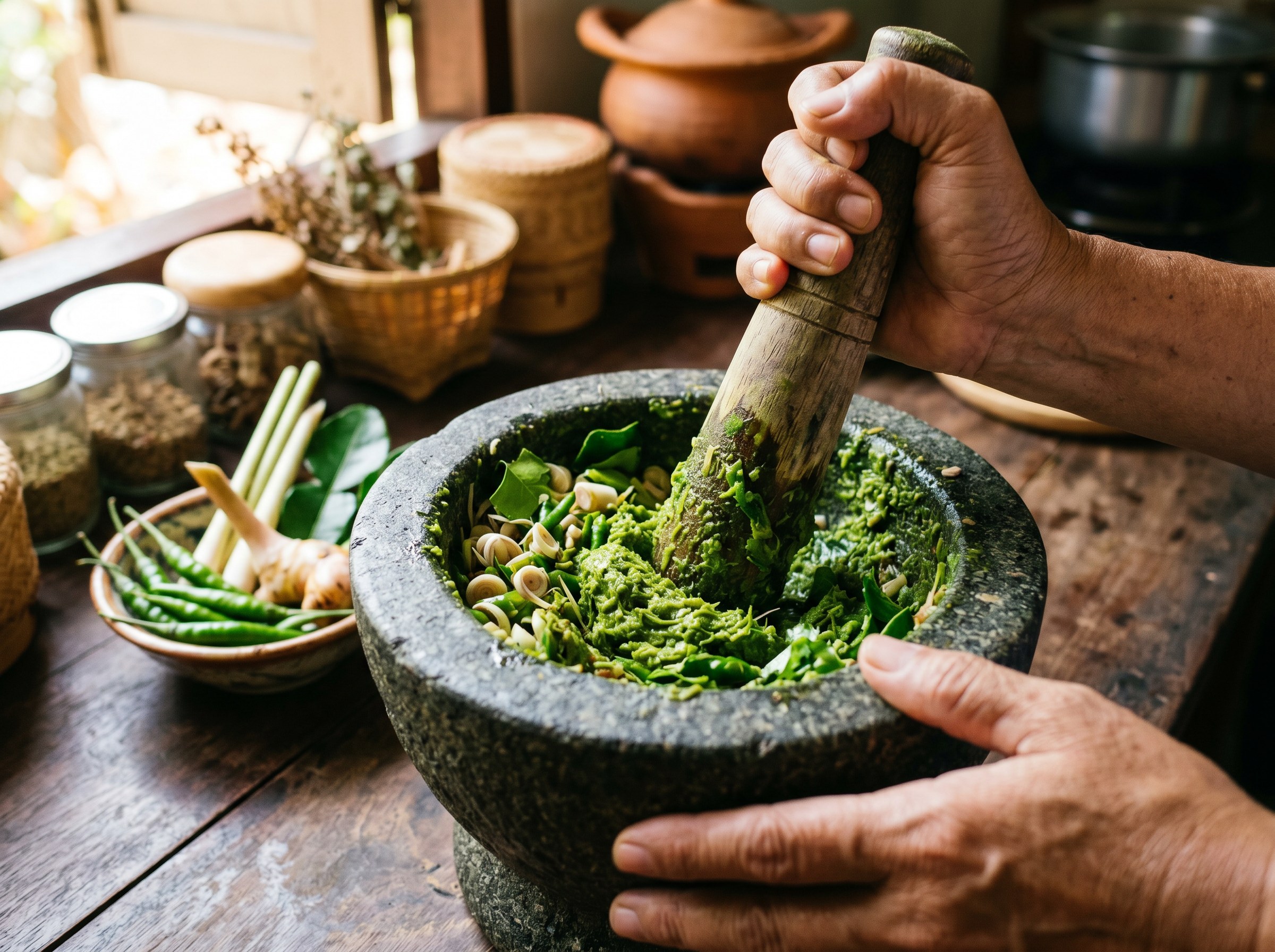 Manos trabajando mortero de piedra con pasta de curry verde, lemongrass y chilis frescos visibles al fondo, cocina thai tradicional